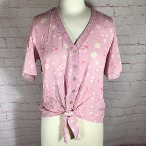Hippie Rose Pink Floral Tie Front Short Sleeve Button Down Top - Size XS